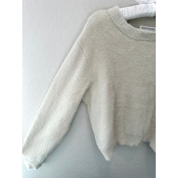 DOWNEAST | Beige Neutral Cozy Fuzzy Crewneck Cropped Everyday Sweater | Medium - Picture 3 of 6